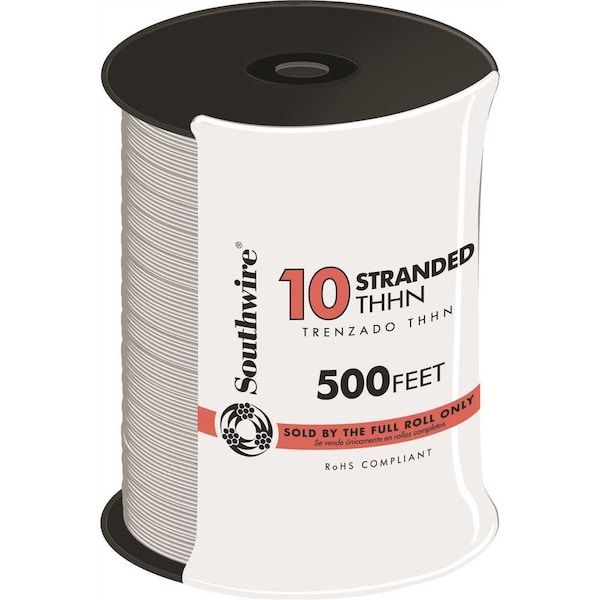 THHN; THWN Building Wire, Copper, 10 AWG, 1C, White, Stranded, 500 ft